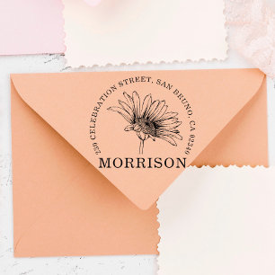 Rustieke Daisy Bloem Naam & Rond Retouradres Rubberstempel
