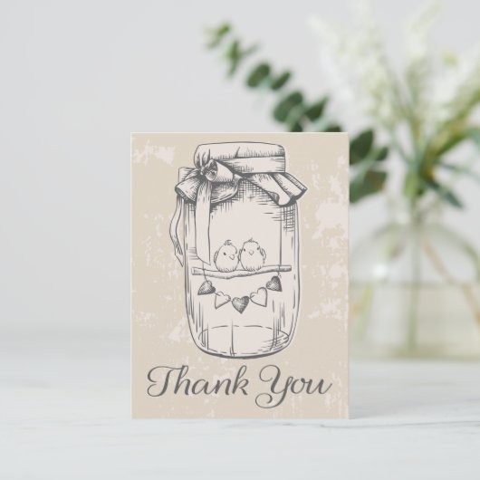Rustieke dank u Mason Jar Lovebirds Tan Wedding Briefkaart (Staand voorkant)