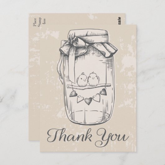 Rustieke dank u Mason Jar Lovebirds Tan Wedding Briefkaart (Voorkant / Achterkant)