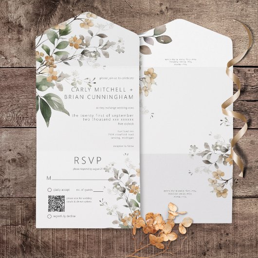 Rustieke Delicate Tan Herfst Wildflower QR-code All In One Uitnodiging