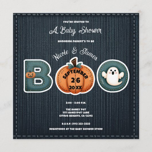 Rustieke Denim Jean Pumpkin Ghost BOO Baby shower Menu (Voorkant)