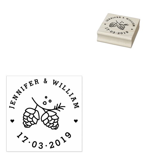 Rustieke dennen kegels opslaan de datum bruiloft d 	rubberstempel (Gestempeld)