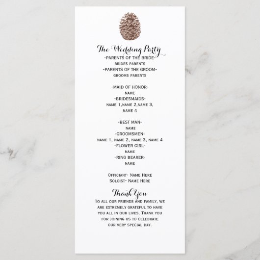Rustieke dennenappel Elegant eenvoudig huwelijkspr Programma (Achterkant)