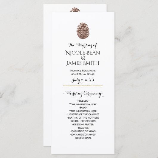 Rustieke dennenappel Elegant eenvoudig huwelijkspr Programma (Voorkant / Achterkant)