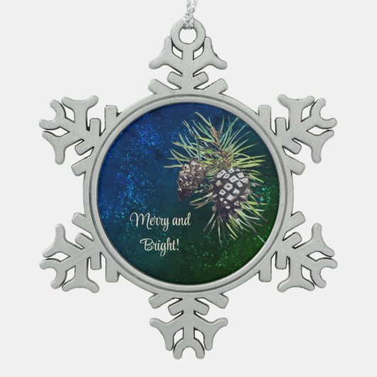 Rustieke dennenappel tin sneeuwvlok ornament (Voorkant)