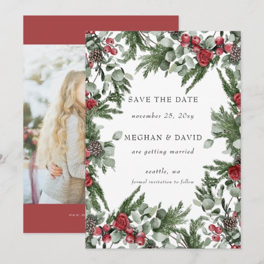 Rustieke dennenbessen Winter Kerstmis Foto Save The Date (Voorkant / Achterkant)