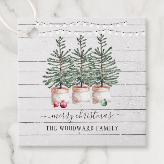 Rustieke dennenbomen Sneeuw Kerstcadeautag Bedankjes Labels (Voorkant)