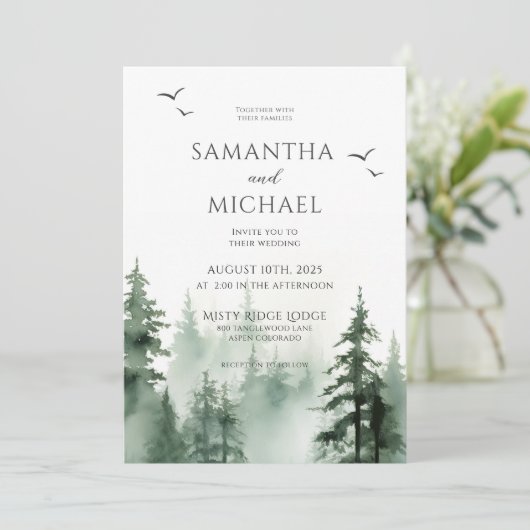 Rustieke dennenboom bos Waterverf bruiloft Kaart (Staand voorkant)