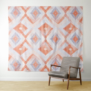 Rustieke diamantgeometrie in terracotta en blauw wandkleed