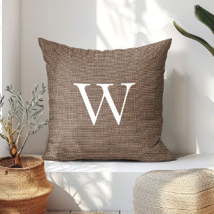 Rustieke diep bruine namaak jute monogram kussen