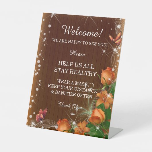 Rustieke Donker Hout Sinaasappel Bloemen Bruiloft  Reclamebord Met Voetstuk (Voorkant)