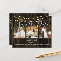 Rustieke donkere hout & lichten foto save the date