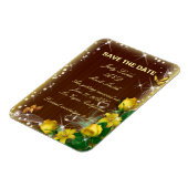 Rustieke donkere houten gele bloemen save the date magneet (Linkerzijde)