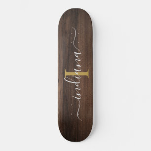 Rustieke donkere houten monogram script naam initi skateboard