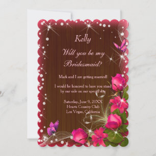 Rustieke donkere houten roze bloem vlinder bruidsm kaart