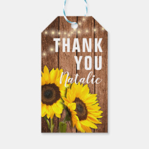 Rustieke donkere houten zonnebloem lichten Dank je Cadeaulabel