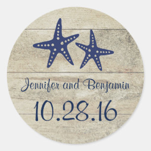 Rustieke Driftwood Nautical Beach Navy Zeesterren Ronde Sticker
