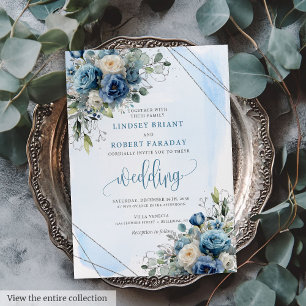 Rustieke Dusty Blauw Zilveren Bloemen Huwelijksuit Kaart