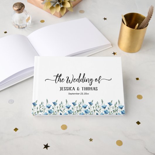 Rustieke Dusty Blue Boho Chic Wildflowers Wedding Gastenboek (Voorkant open)