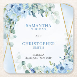 Rustieke Dusty Blue Floral eucalyptus gouden onder Vierkante Kartonnen Onderzetter