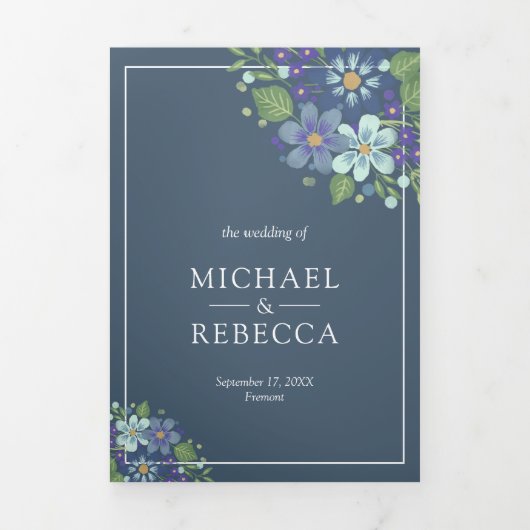 Rustieke Dusty Blue Waterverf Bloemen Foto Huwelij Drieluik Uitnodiging (Cover)