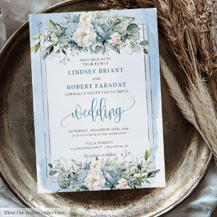 Rustieke Dusty Blue White Silver Rozen Wedding Kaart