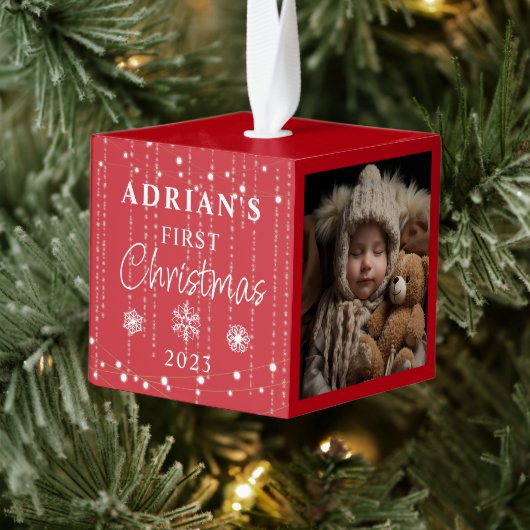 Rustieke eerste kerst Baby Keepsake Kubus Ornament (Boom)