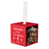 Rustieke eerste kerst Baby Keepsake Kubus Ornament (Voorkant hoekig)
