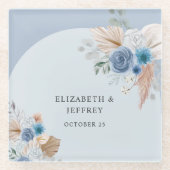 Rustieke Elegante Boho Dusty Blue Pampas bruiloft Glazen Onderzetter (Voorkant)