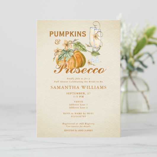 Rustieke Elegante Herfst Pompoen Prosecco Vrijgeze Kaart (Staand voorkant)