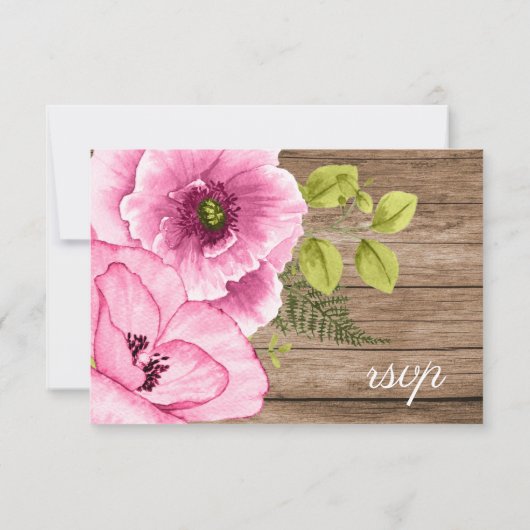 Rustieke Elegante Roze Groene Aquarel Klaprozen RSVP Kaartje (Achterkant)