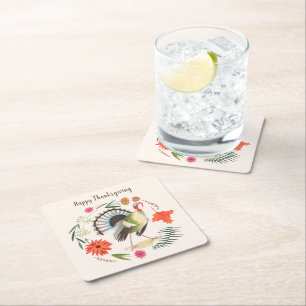 Rustieke Elegante Turkije Thanksgiving Botanisch Vierkante Kartonnen Onderzetter