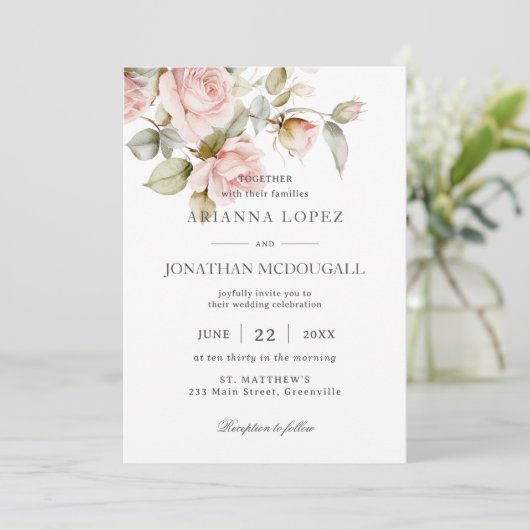 Rustieke Elegantie Bord Roze Rozen Bloemenbruiloft Kaart (Staand voorkant)