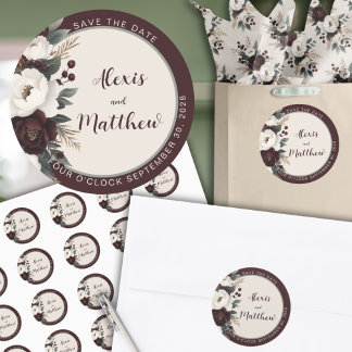Rustieke Elegantie Bourgondische Bloemen Save The Ronde Sticker