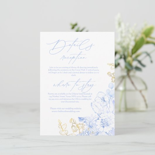 Rustieke en elegante Floral stoffige blauw gouden Informatiekaartje (Staand voorkant)