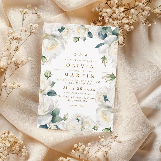 Rustieke en elegante witte rozen bruiloft kaart