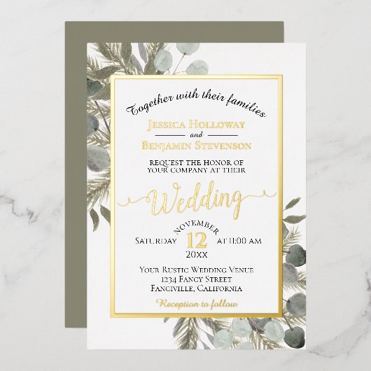 Rustieke Eucalyptus & Dennenelegantie Zilveren Bru Folie Uitnodiging (Voorkant / Achterkant)