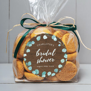 Rustieke Eucalyptus en Bruine Houten Bruidsdouche Ronde Sticker