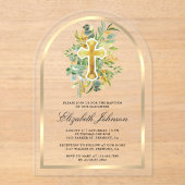 Rustieke Eucalyptus Gold Greenery Boog Doop Acryl Uitnodigingen (Voorkant)