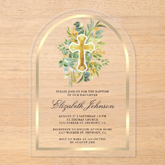 Rustieke Eucalyptus Gold Greenery Boog Doop Acryl Uitnodigingen (Voorkant)