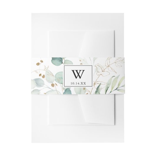 Rustieke Eucalyptus Gold Monogram bruiloft uitnodi Uitnodigingen Wikkel (Voorkant Voorbeeld)