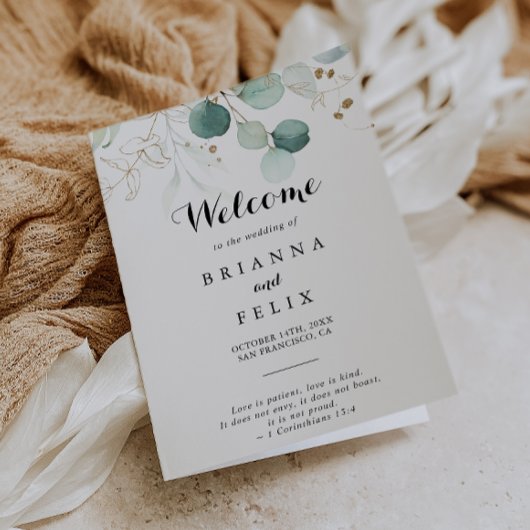 Rustieke Eucalyptus Goud Bloemen Gevouwen Bruiloft Programma