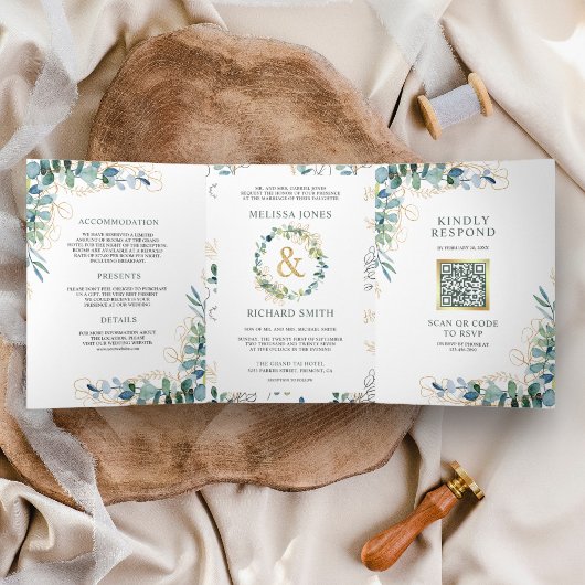 Rustieke Eucalyptus Gouden All in One QR Code Huwe Drieluik Uitnodiging