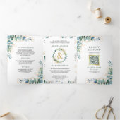 Rustieke Eucalyptus Gouden All in One QR Code Huwe Drieluik Uitnodiging (Binnen)