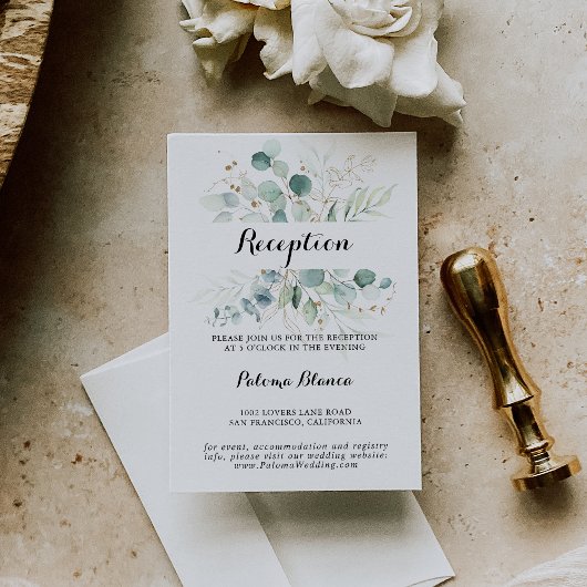 Rustieke Eucalyptus Gouden Bloemen Bruiloftsrecept Informatiekaartje