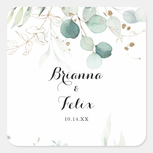 Rustieke Eucalyptus Gouden Bruiloft Envelop Afdich Vierkante Sticker (Voorkant)