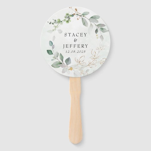 Rustieke Eucalyptus Gouden Kalligrafie Bruiloft Handwaaier (Voorkant)