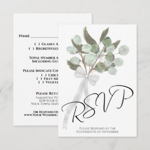Rustieke Eucalyptus & groen boeket Chique bruiloft RSVP Kaartje