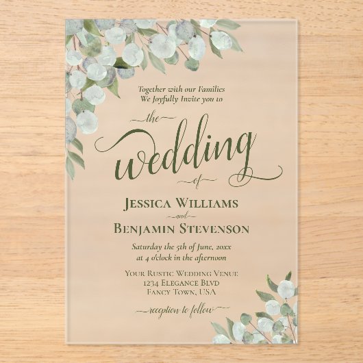 Rustieke Eucalyptus & groen Boho Chic bruiloft Acryl Uitnodigingen (Voorkant)