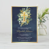 Rustieke Eucalyptus Groen Marine Blauw Goud Doop Kaart (Staand voorkant)
